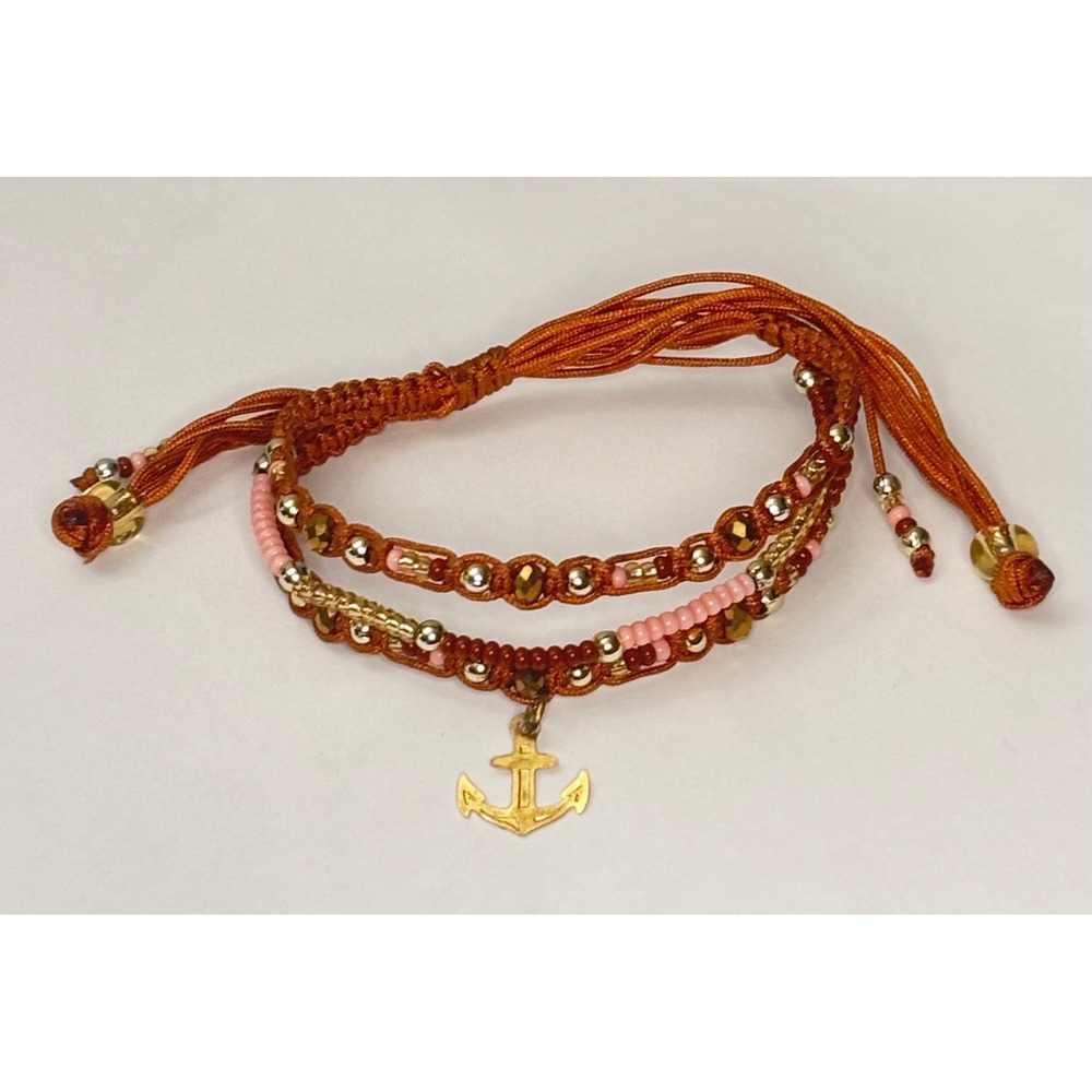 Boho Anchor Charm Cord Bracelet Orange Pink Gold Beaded Nautical Adjustable